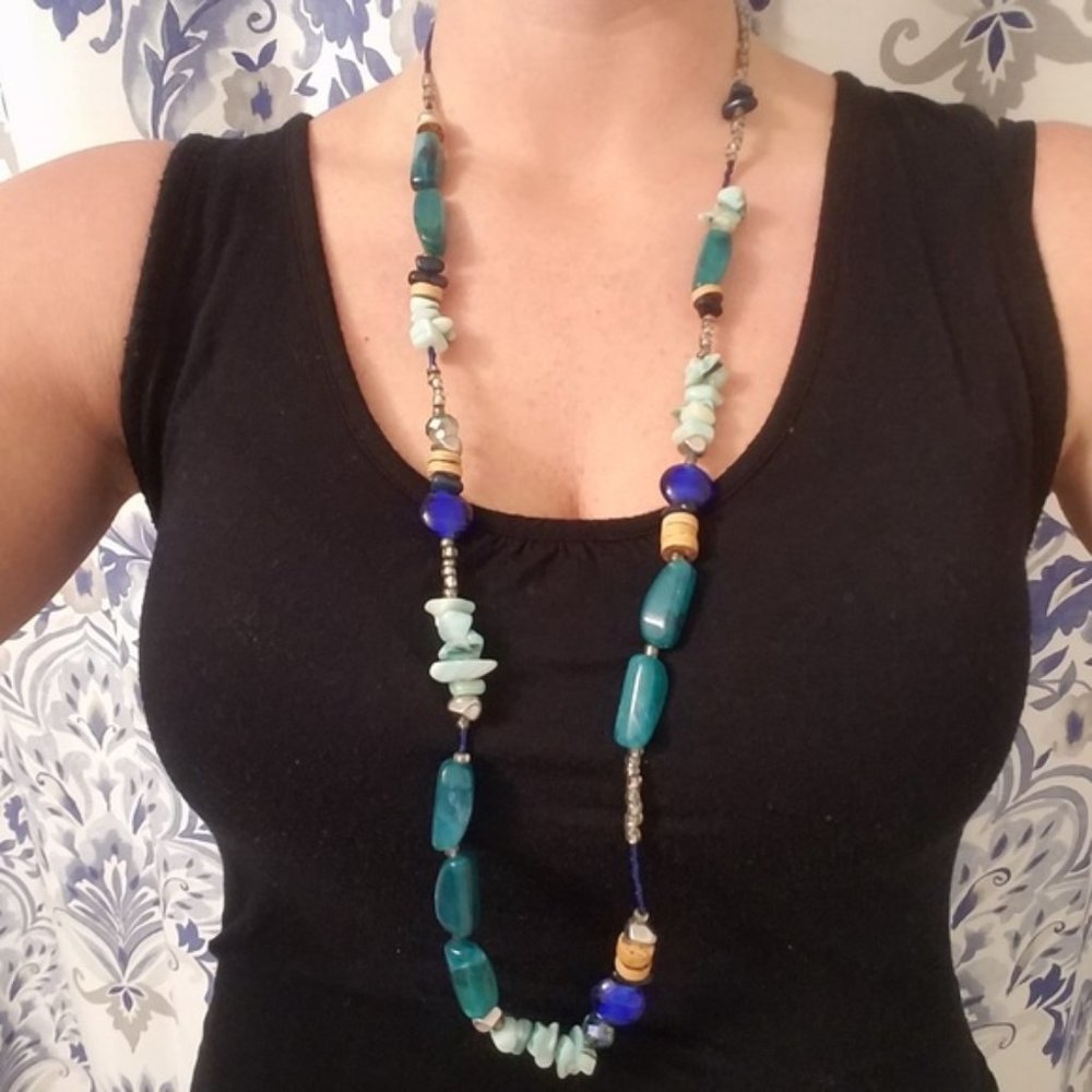 Boho Glass Beads Crystal Long Necklace Blue Teal Green Preppy Casual Bohemian